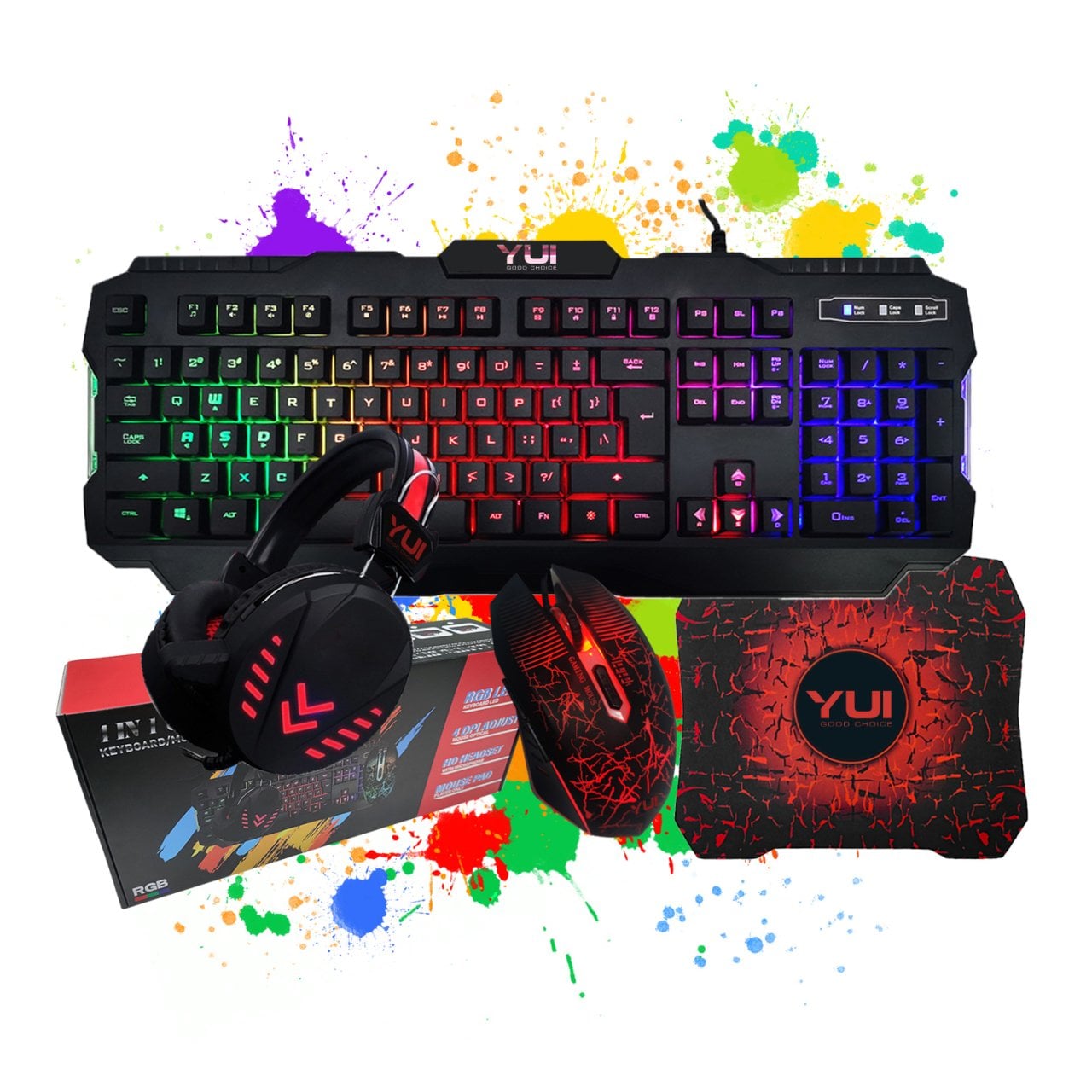 YUI 4'ü Bir Arada LED Işıklı Oyun Seti Klavye/Fare/Kulaklık/Mouse Pad
